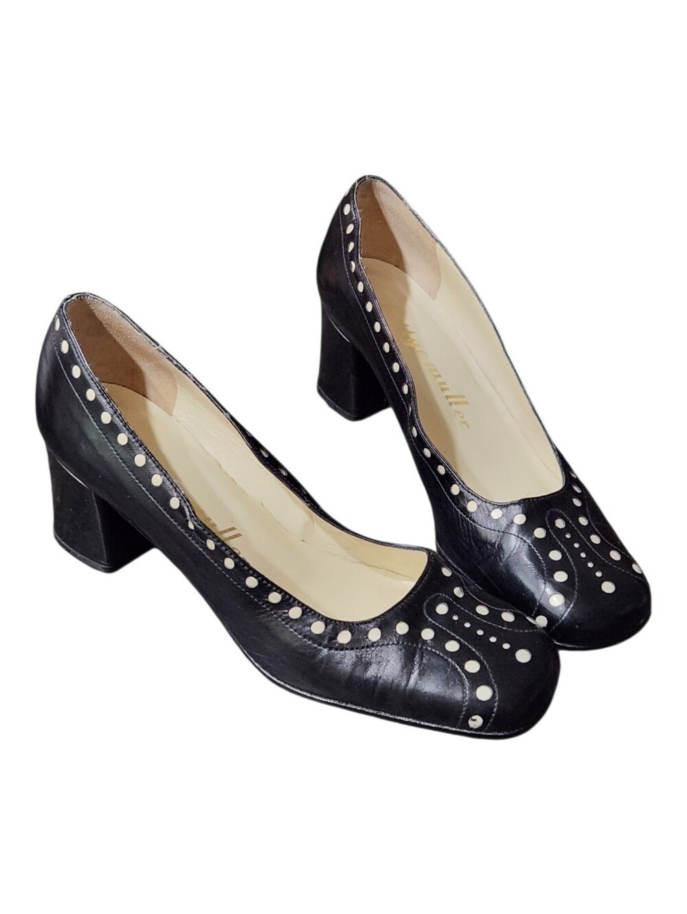 Vintage Bettye Muller Black Leather Polka Dot Block Heel Spain Retro 6M